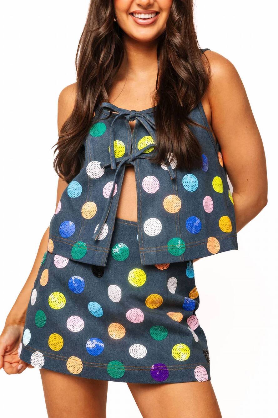NEW QUEEN OF SPARKLES polka dot mini skirt in denim multi
